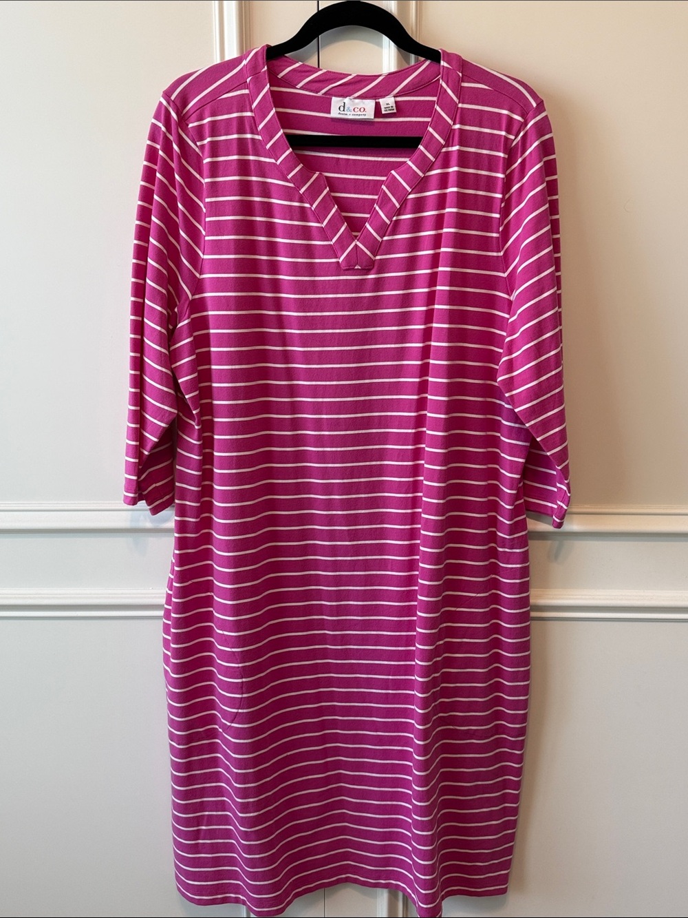 D & co Pink Striped V-Neck Midi Dress